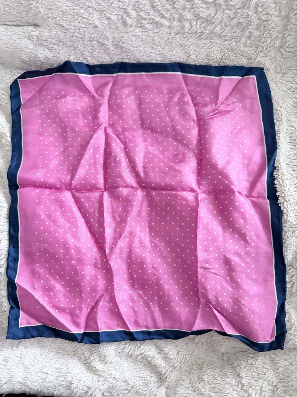 Pink and White Polka Dot Silk Pocket Square with Navy Border